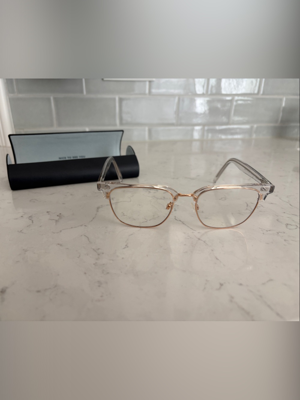 Warby Parker Baird Clear and Gold progressive readers